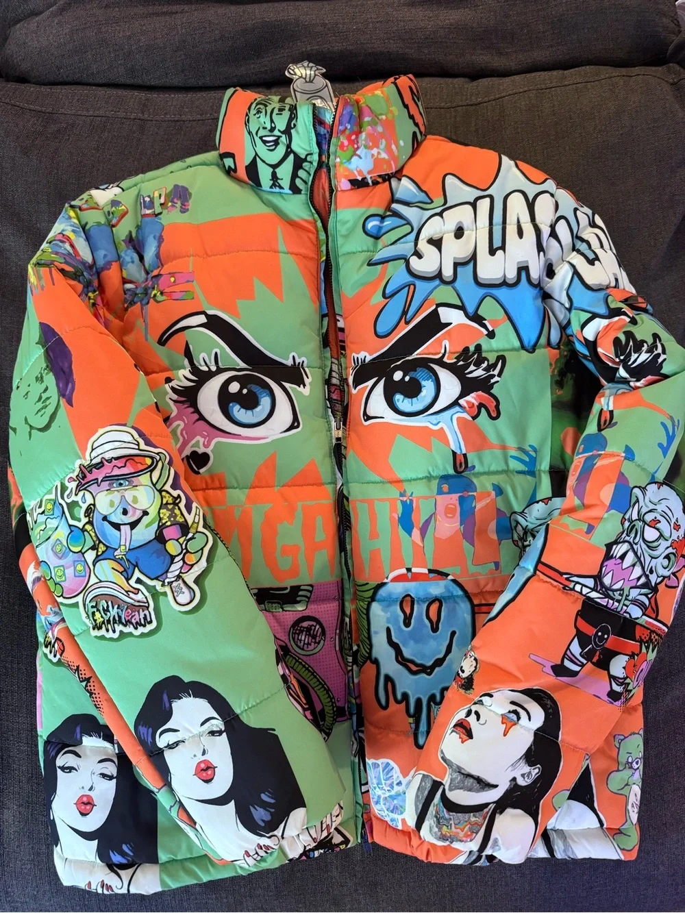 Icecream Kids Colorblock Graffiti Puffer Jacket - Green & Orange
